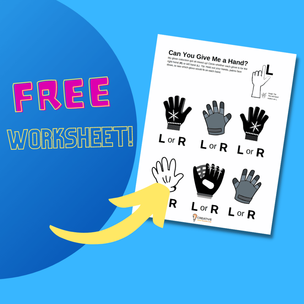 Free Left hand right hand worksheet graphic showing different types of gloves