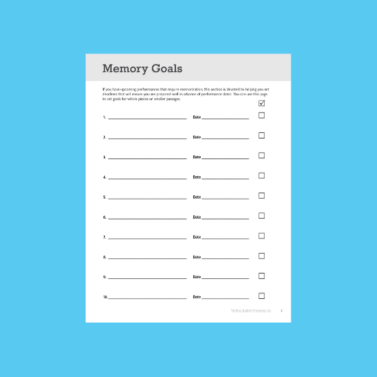 Music Student's Practice Journal memory goals page