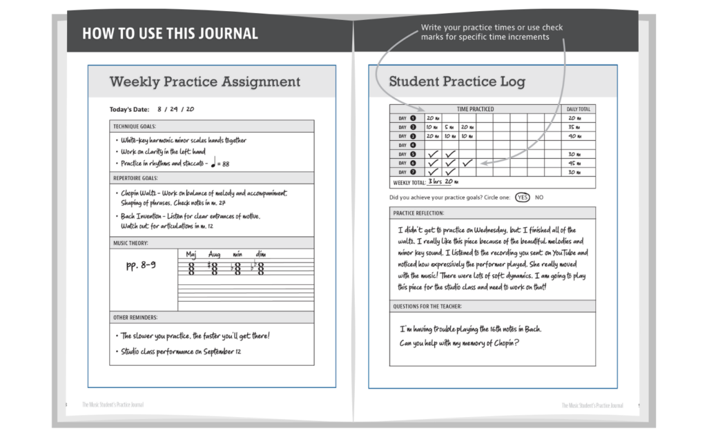 page showing how to use the music student's practice journal