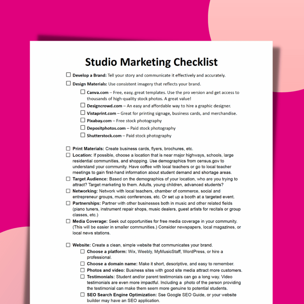 Studio Marketing Check list