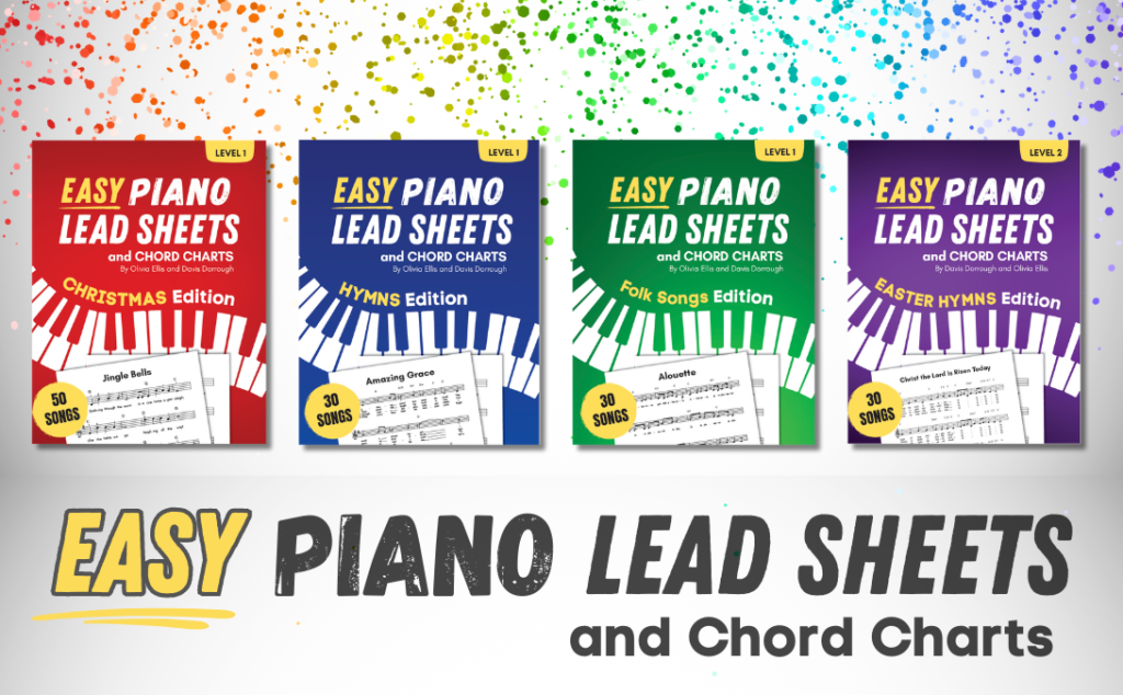 Easy Piano Lead Sheets with colorful background and book covers
