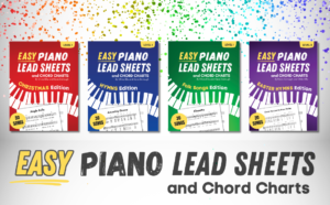 Easy Piano Lead Sheets with colorful background and book covers