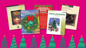 Five Christmas Piano Books with Christmas Tree Border