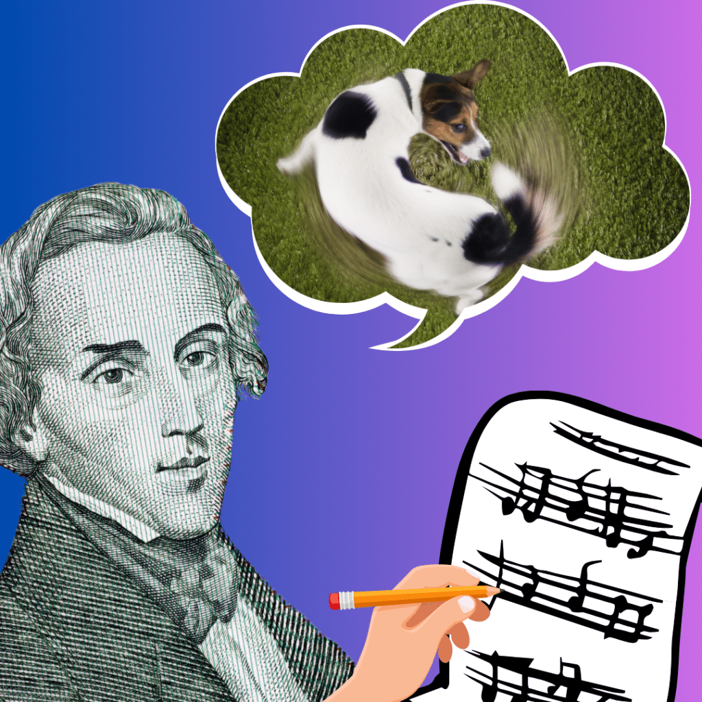 Chopin composing while dreaming of a dog chasing its tail